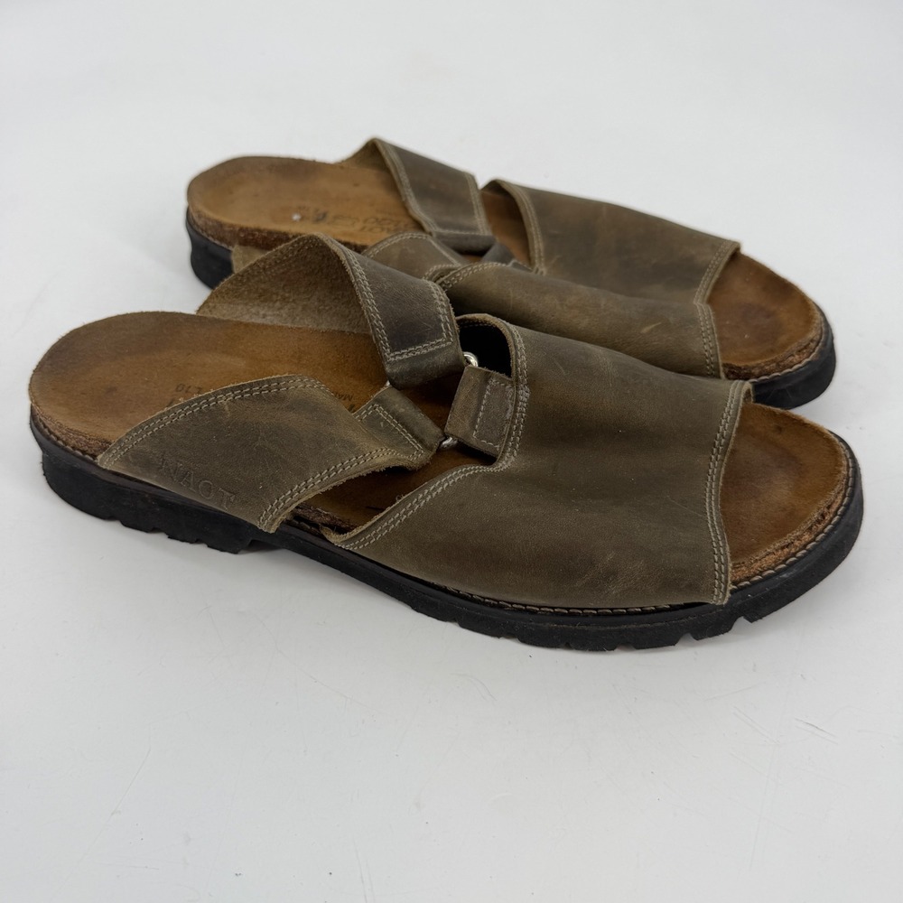 Naot Women Brown Leather Slide Sandals Cork Footbed Made in‎ Israel Size 41 L10